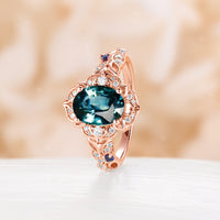 Oval Shape Teal Sapphire Engagement Ring Vintage Antique Band