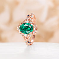 Vintage Oval Cut Lab Emerald Rose Gold Engagement Ring Cluster Side Stone