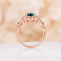 Vintage Oval Cut Lab Emerald Rose Gold Engagement Ring Cluster Side Stone