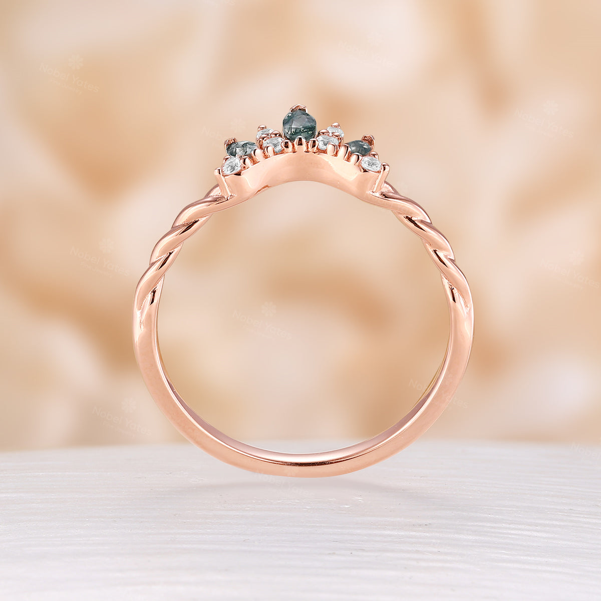 Twist Rose Gold Moss Agate & Diamond Matching Curved Wedding Band