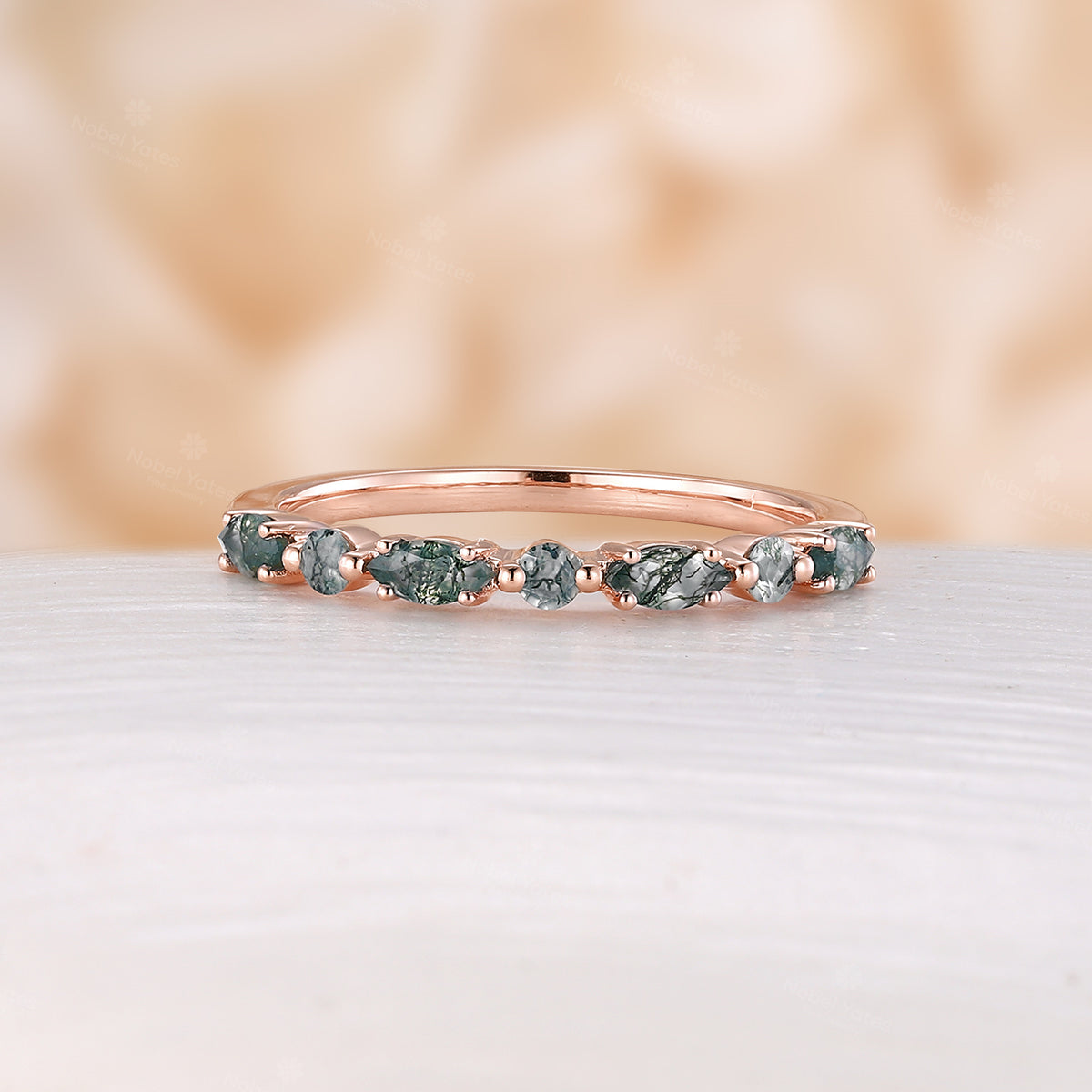 Dainty Moss Agate Round & Marquise Half Eternity Wedding Band Rose Gold