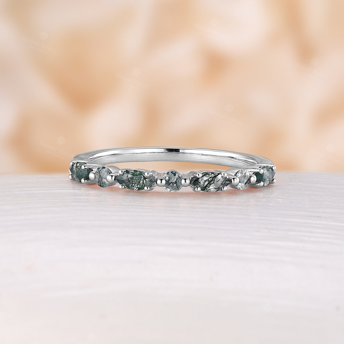 Dainty Moss Agate Round & Marquise Half Eternity Wedding Band Rose Gold