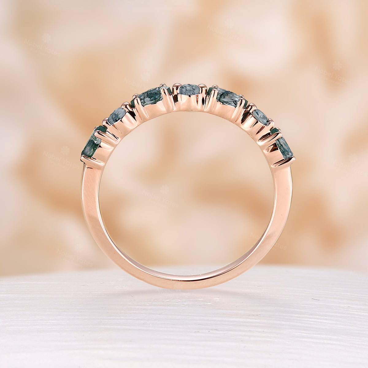 Dainty Moss Agate Round & Marquise Half Eternity Wedding Band Rose Gold