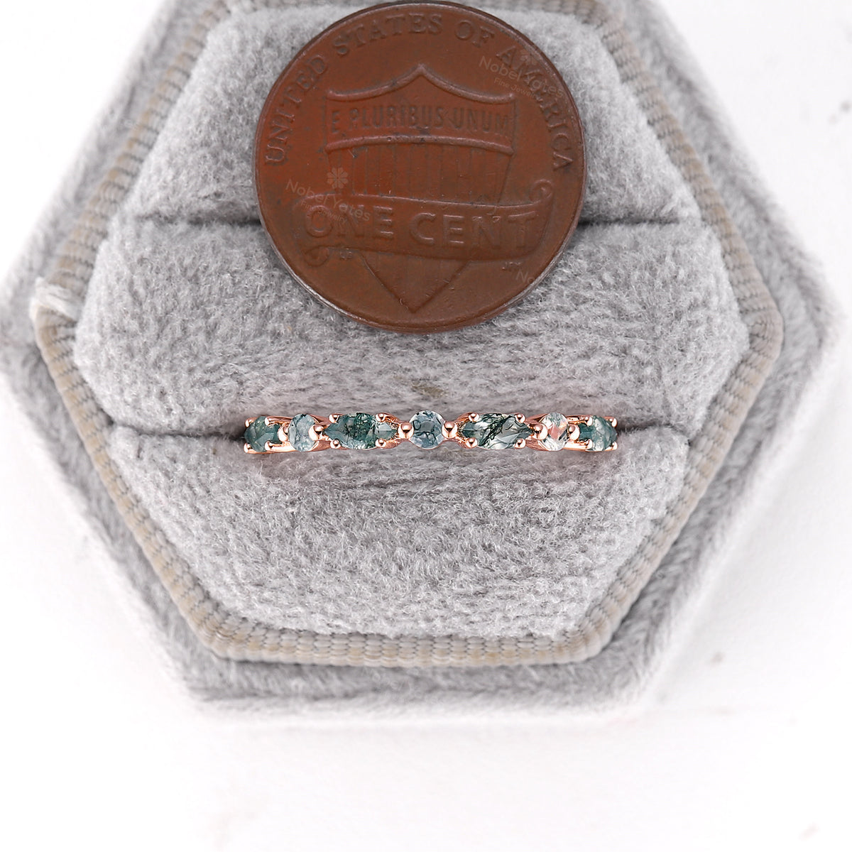 Dainty Moss Agate Round & Marquise Half Eternity Wedding Band Rose Gold