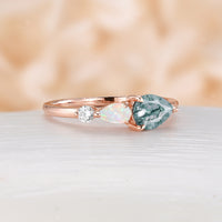 Pear Moss Agate Engagement Ring Three Stones White Opal Rose Gold Unique Ring