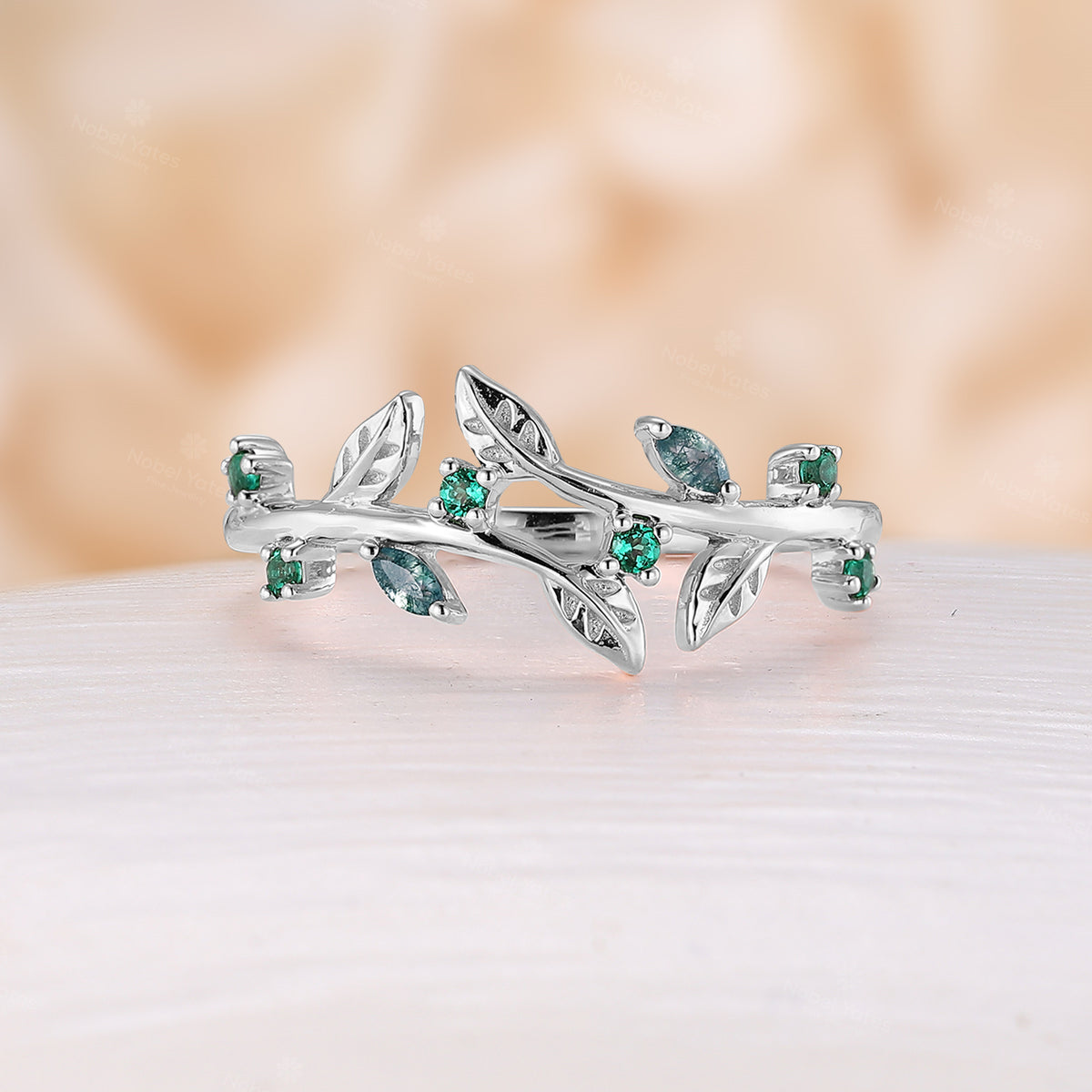 Bypass Leaf Nature Inspired Wedding Band Round Moss Agate & Emerald Band