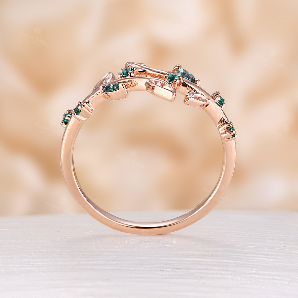 Bypass Leaf Nature Inspired Wedding Band Round Moss Agate & Emerald Band