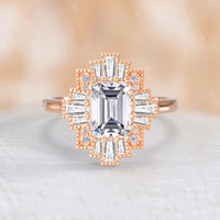 Emerald Cut Art Deco Lab Diamond Starburst Ring