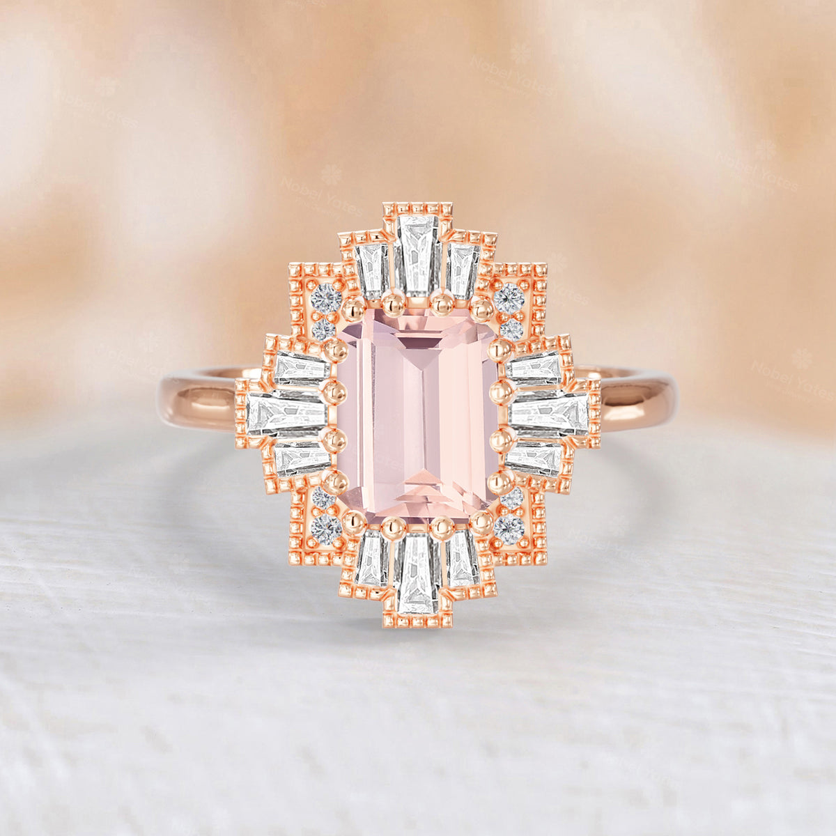 Emerald Cut Pink Morganite Art Deco Starburst Engagement Ring