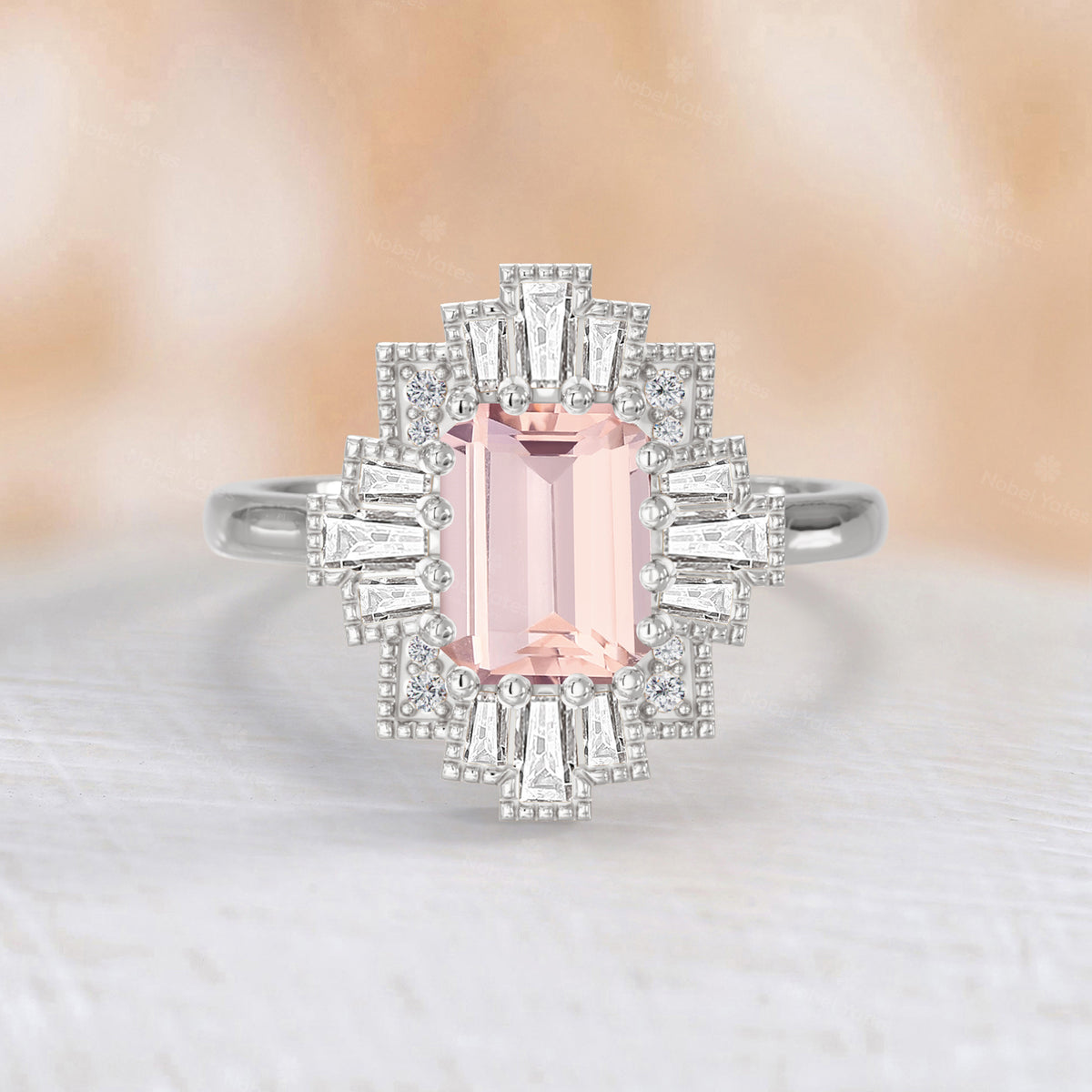 Emerald Cut Pink Morganite Art Deco Starburst Engagement Ring