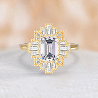 Emerald Cut Art Deco Lab Diamond Starburst Ring