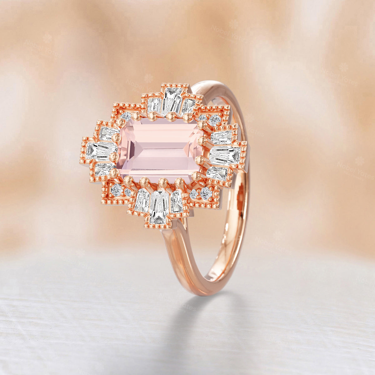 Emerald Cut Pink Morganite Art Deco Starburst Engagement Ring