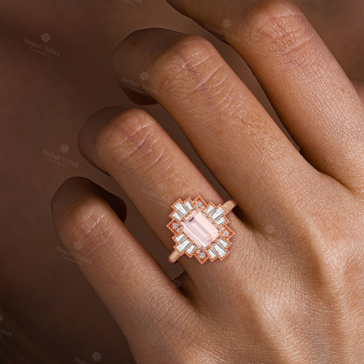 Emerald Cut Pink Morganite Art Deco Starburst Engagement Ring