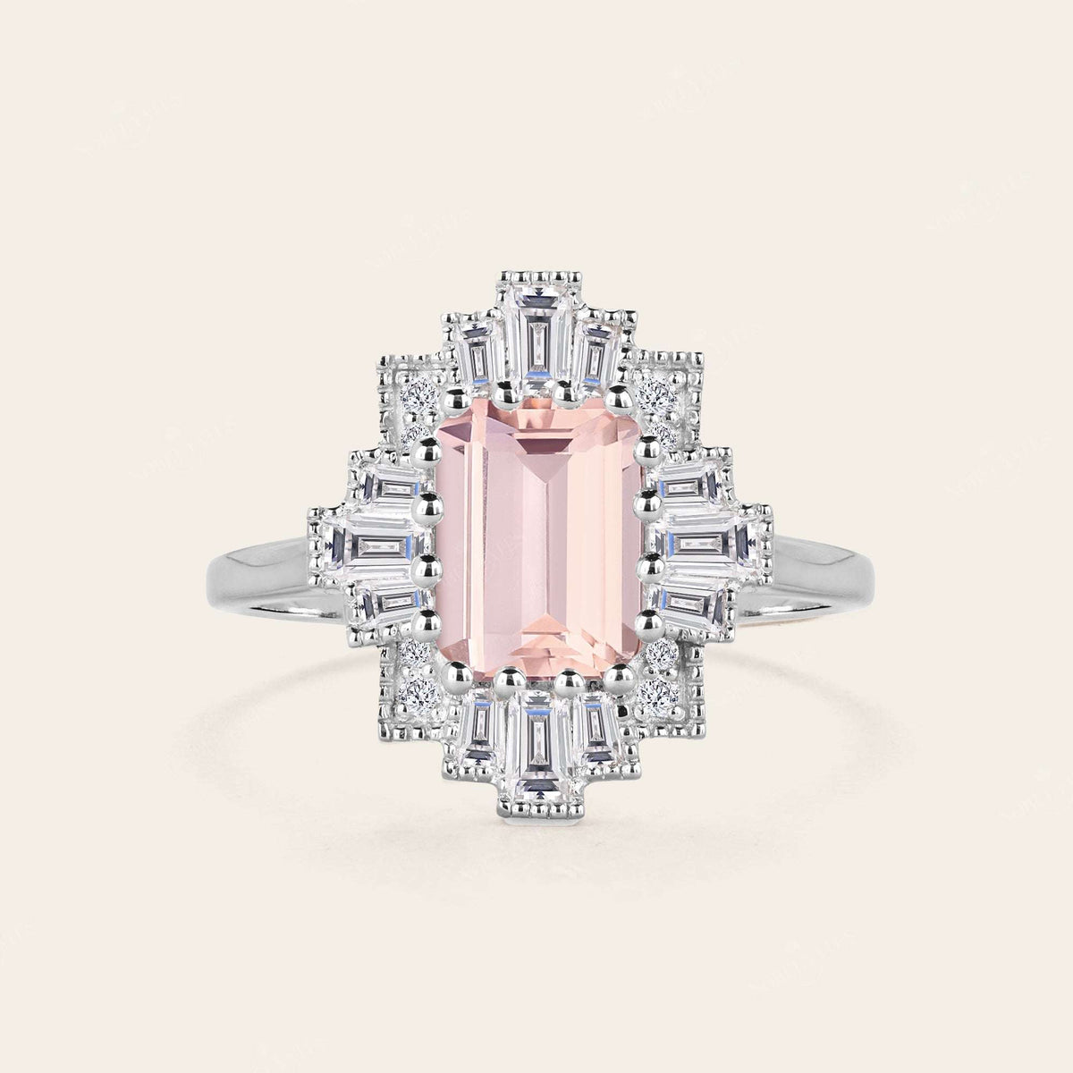 Emerald Cut Pink Morganite Art Deco Starburst Engagement Ring-Nobel Yates