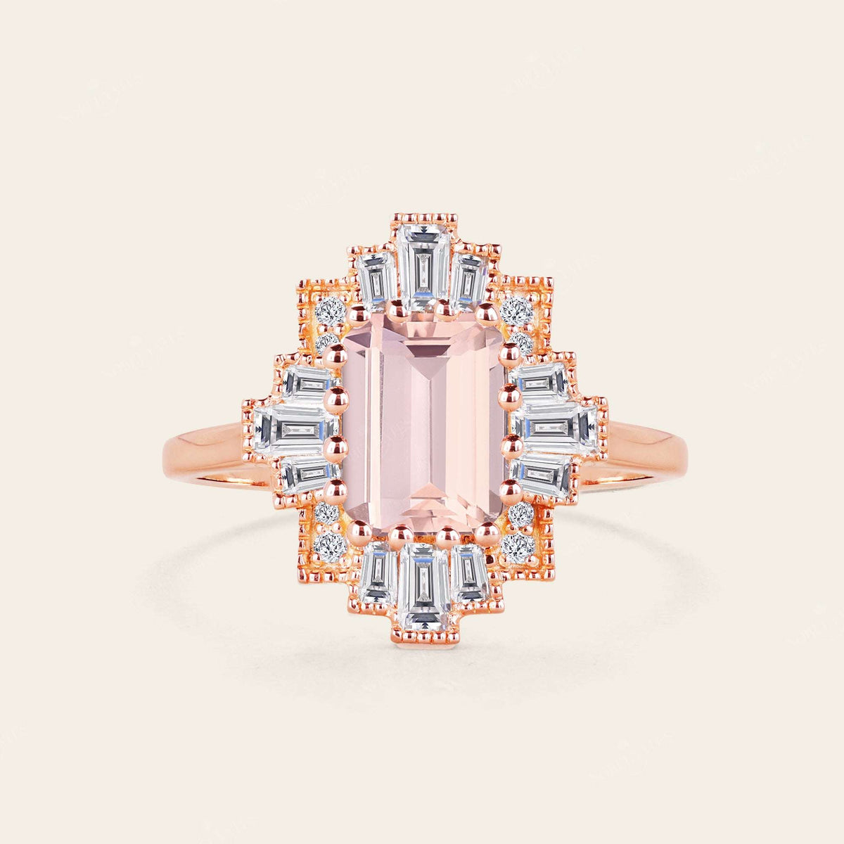 Emerald Cut Pink Morganite Art Deco Starburst Engagement Ring-Nobel Yates