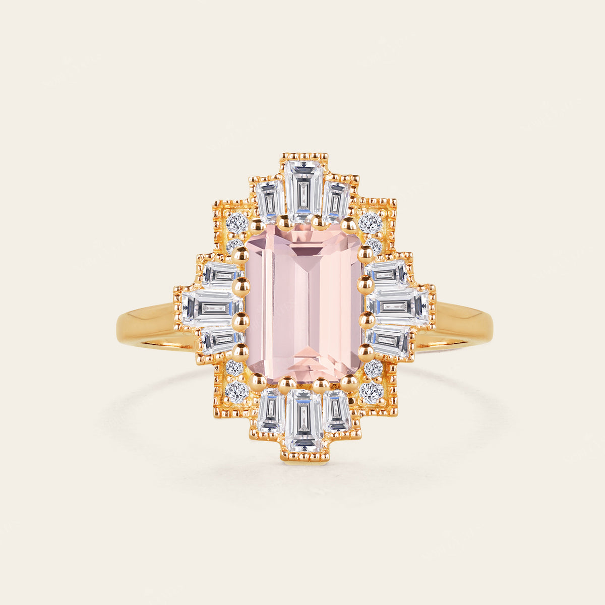 Emerald Cut Pink Morganite Art Deco Starburst Engagement Ring