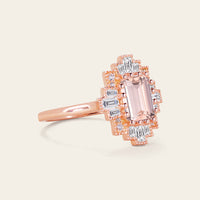 Emerald Cut Pink Morganite Art Deco Starburst Engagement Ring