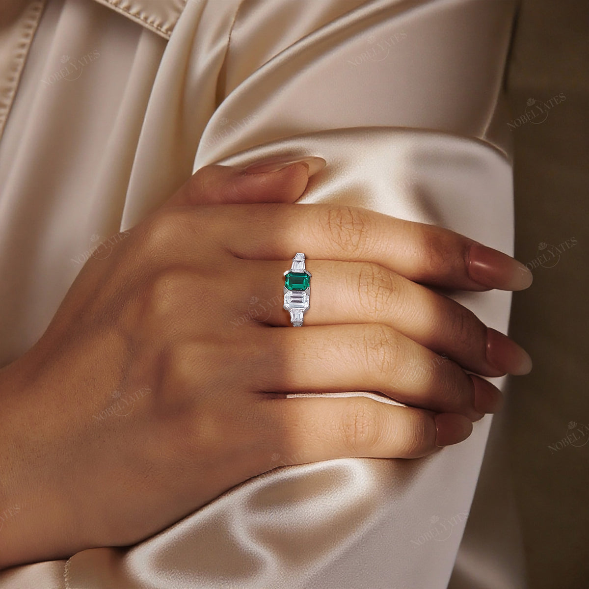 Art Deco Lab Emerald & IGI Lab Grown Diamond Engagement Ring