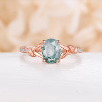 Nature Leaf Oval Moss Agate Engagement Ring Yellow Gold Split Band