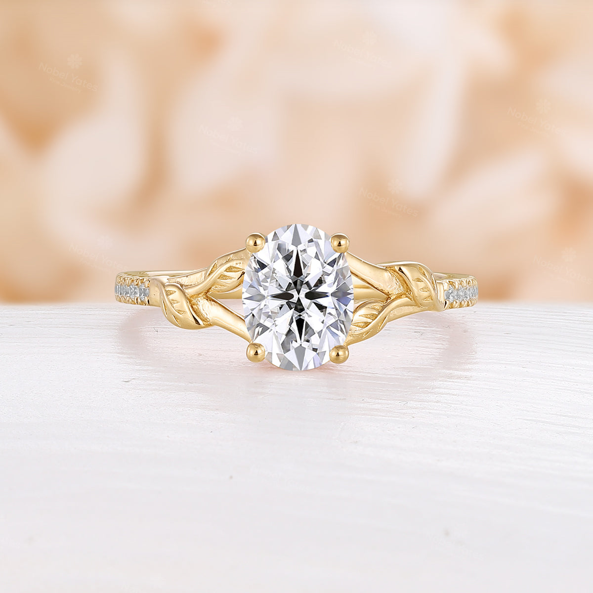 Oval Moissanite Nature Inspired Engagement Ring Split Rose Gold Band