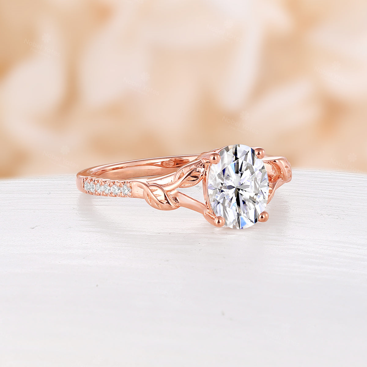 Oval Moissanite Nature Inspired Engagement Ring Split Rose Gold Band