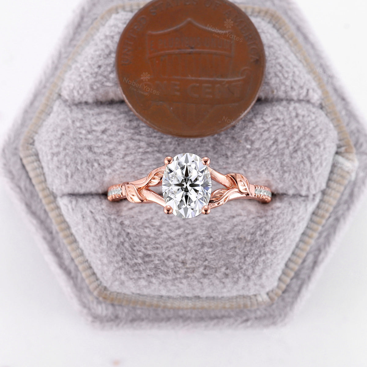 Oval Moissanite Nature Inspired Engagement Ring Split Rose Gold Band