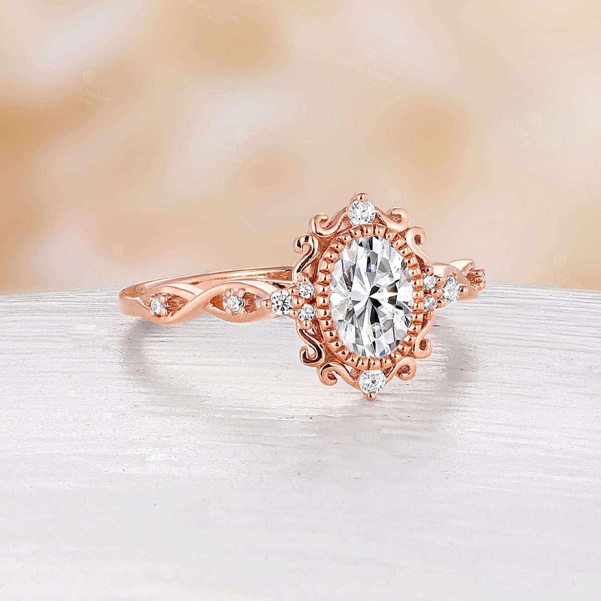 Rose Gold Vintage Oval Moissanite Engagement Ring Filigree Milgrain