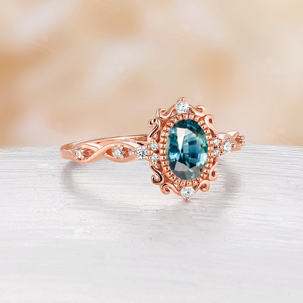 Oval Cut Vintage Teal Sapphire Engagement Ring Filigree Rose Gold