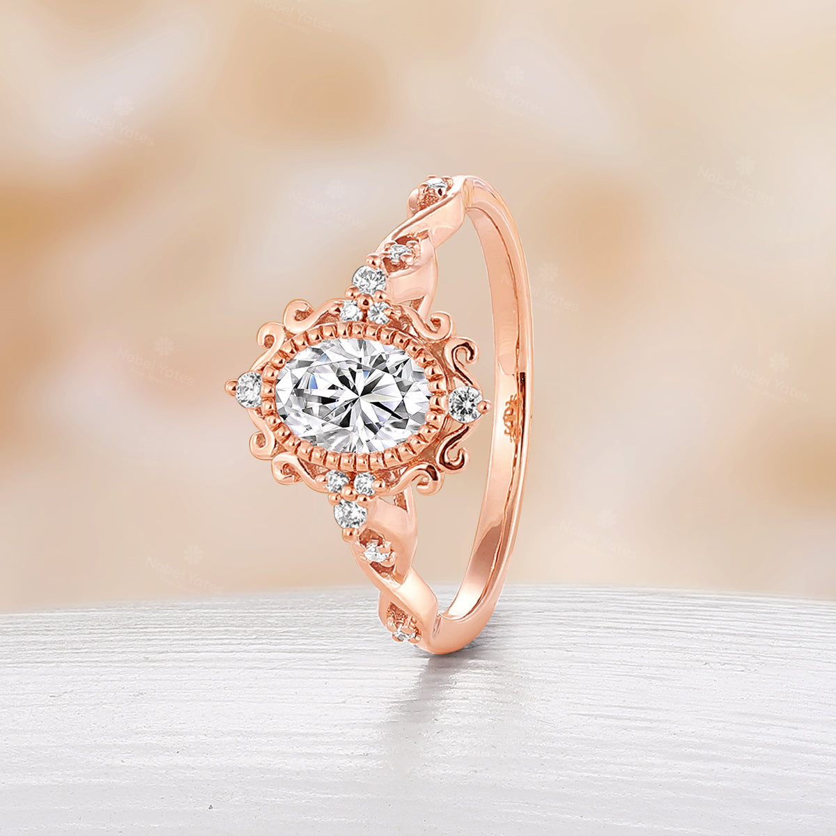 Rose Gold Vintage Oval Moissanite Engagement Ring Filigree Milgrain