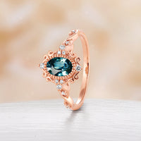 Oval Cut Vintage Teal Sapphire Engagement Ring Filigree Rose Gold