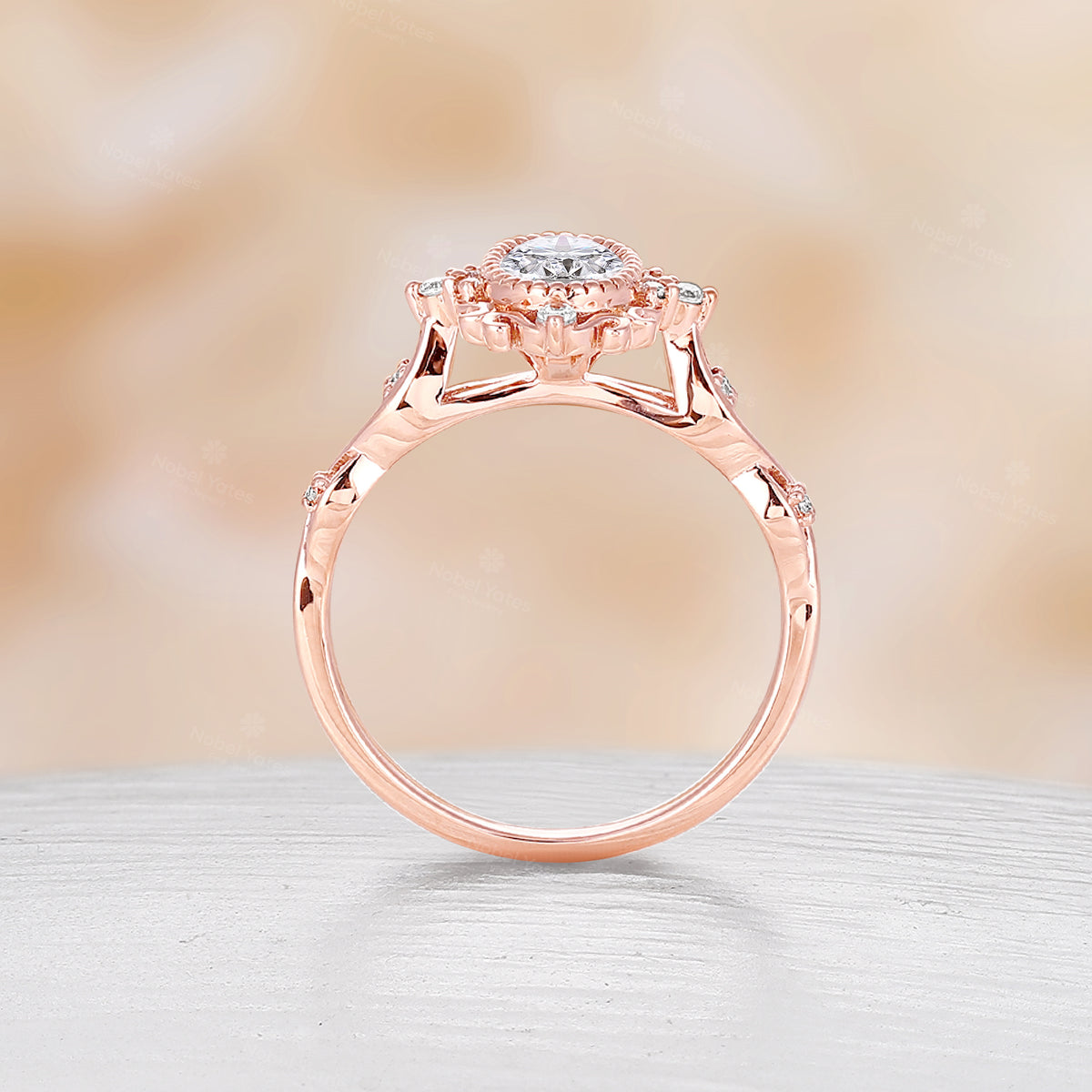 Rose Gold Vintage Oval Moissanite Engagement Ring Filigree Milgrain