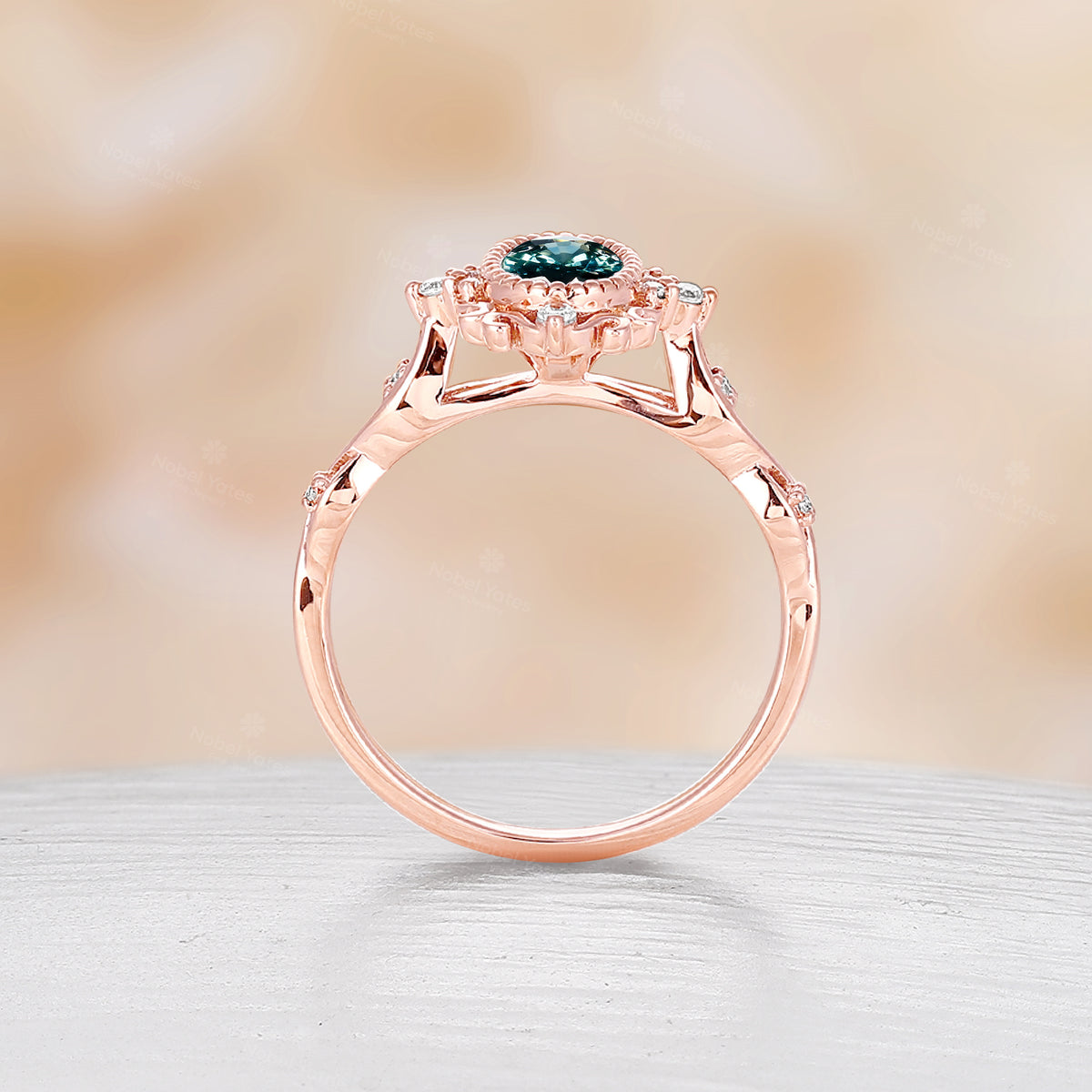 Oval Cut Vintage Teal Sapphire Engagement Ring Filigree Rose Gold