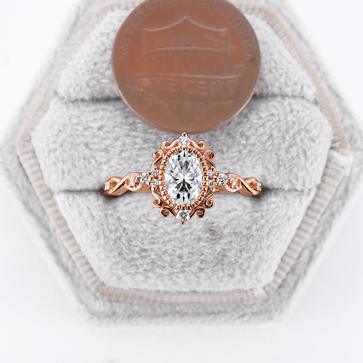 Rose Gold Vintage Oval Moissanite Engagement Ring Filigree Milgrain