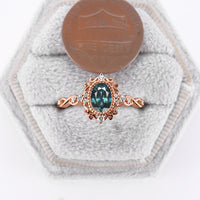 Oval Cut Vintage Teal Sapphire Engagement Ring Filigree Rose Gold