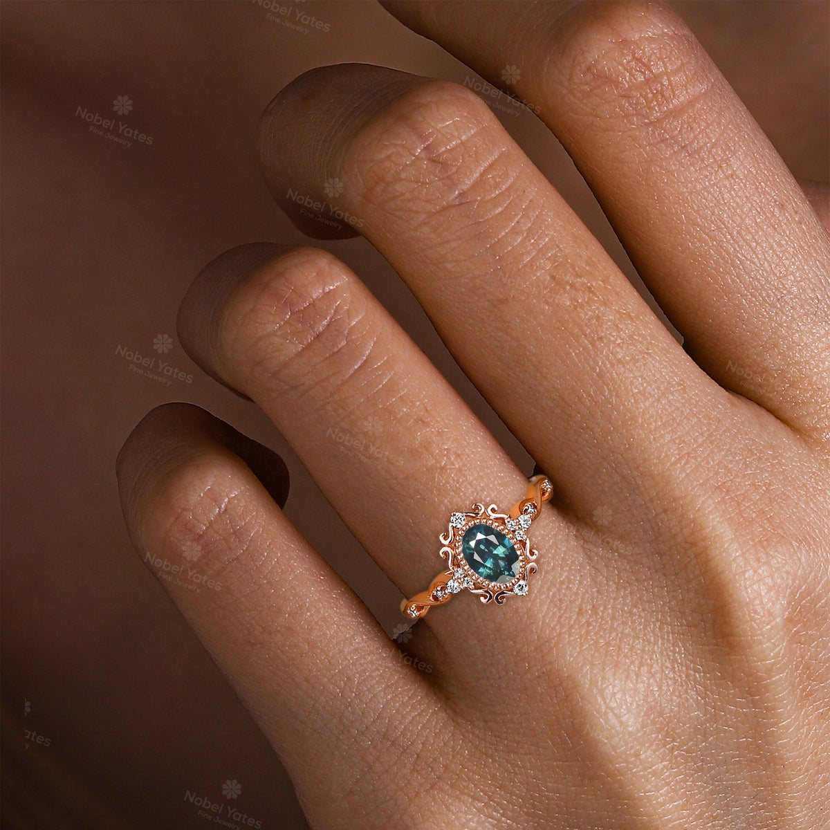 Oval Cut Vintage Teal Sapphire Engagement Ring Filigree Rose Gold