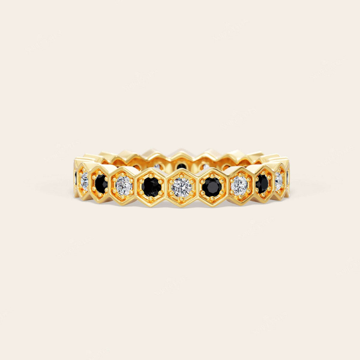 Round Cut Black Onyx & Lab Grown Diamond Full Eternity Band-Nobel Yates