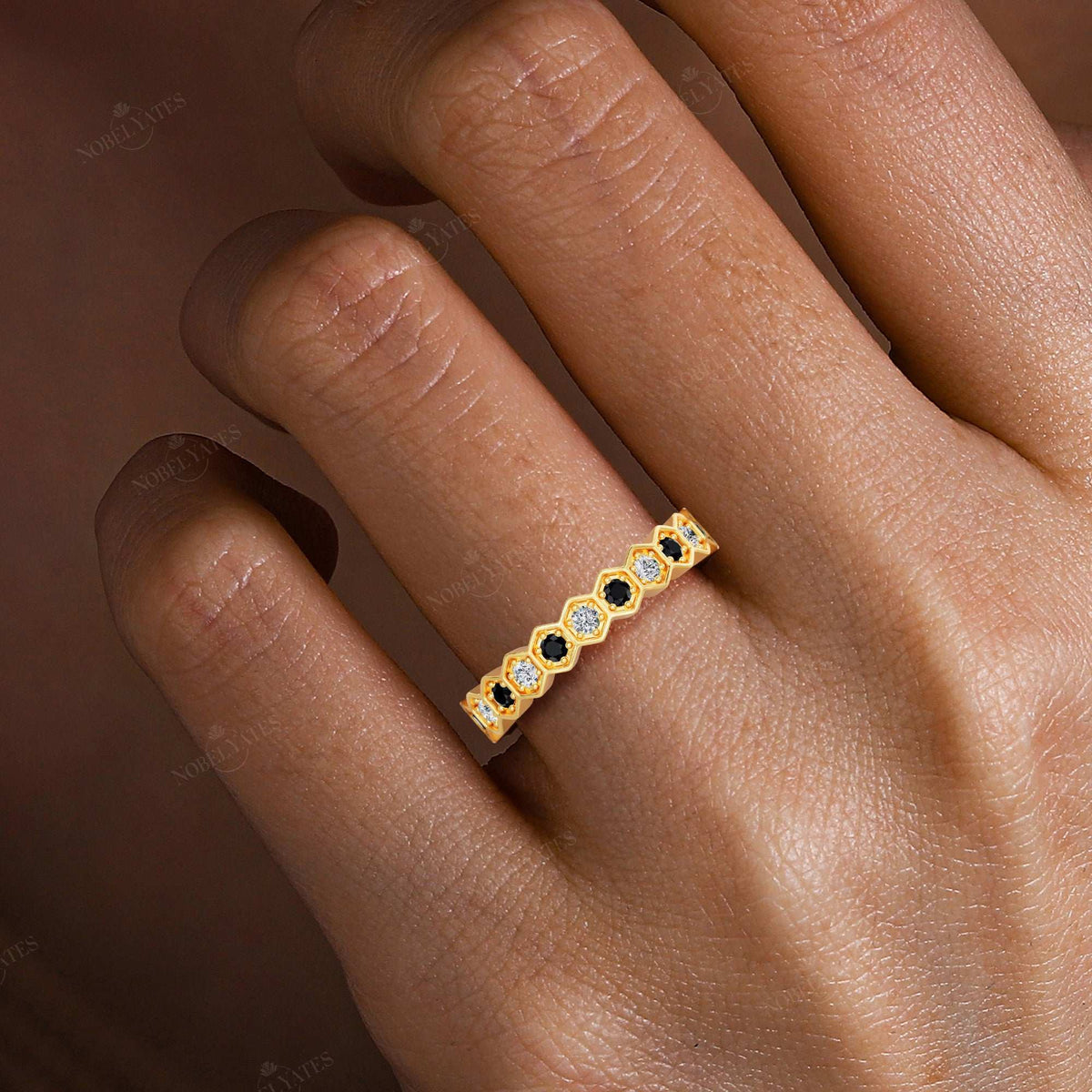 Round Cut Black Onyx & Lab Grown Diamond Full Eternity Band-Nobel Yates