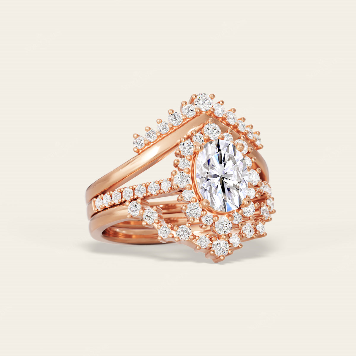 Round Lab Diamond Halo Engagement Ring Sets 3pcs