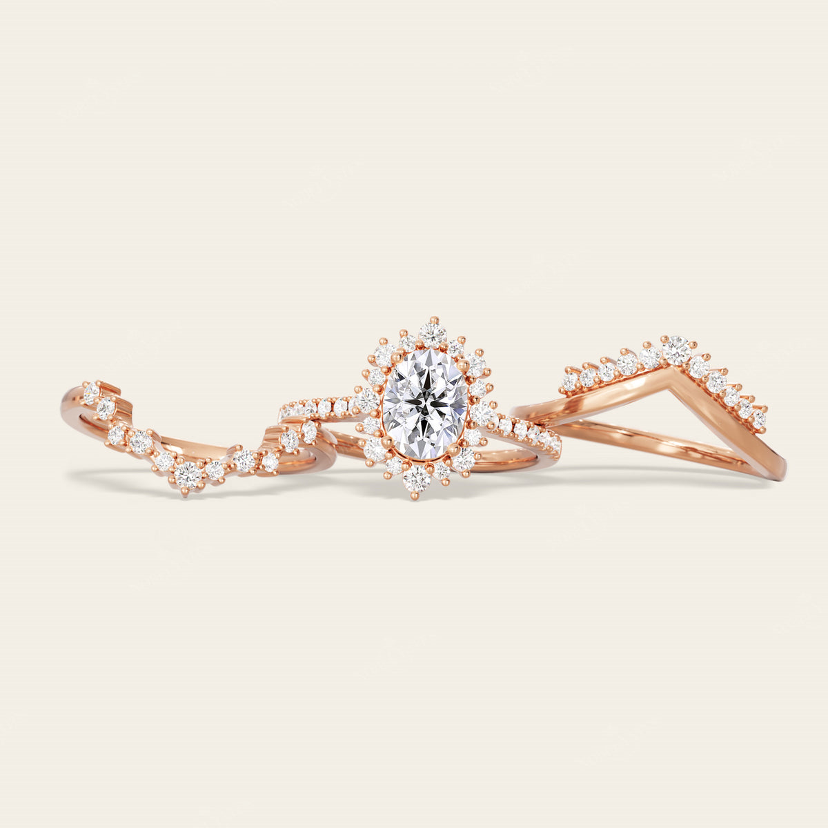 Round Lab Diamond Halo Engagement Ring Sets 3pcs