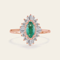 Art Deco Marquise Cut Lab Emerald Halo Engagement Ring Yellow Gold