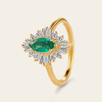 Art Deco Marquise Cut Lab Emerald Halo Engagement Ring Yellow Gold