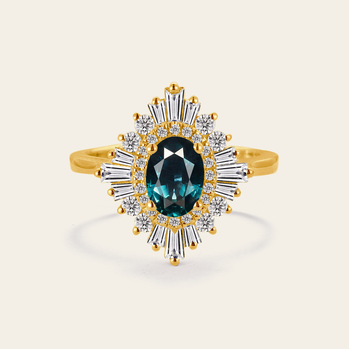 Oval Teal Sapphire Art Deco Engagement Ring Baguette Diamond Halo Ring