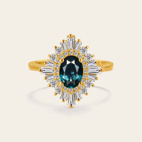 Oval Teal Sapphire Art Deco Engagement Ring Baguette Diamond Halo Ring