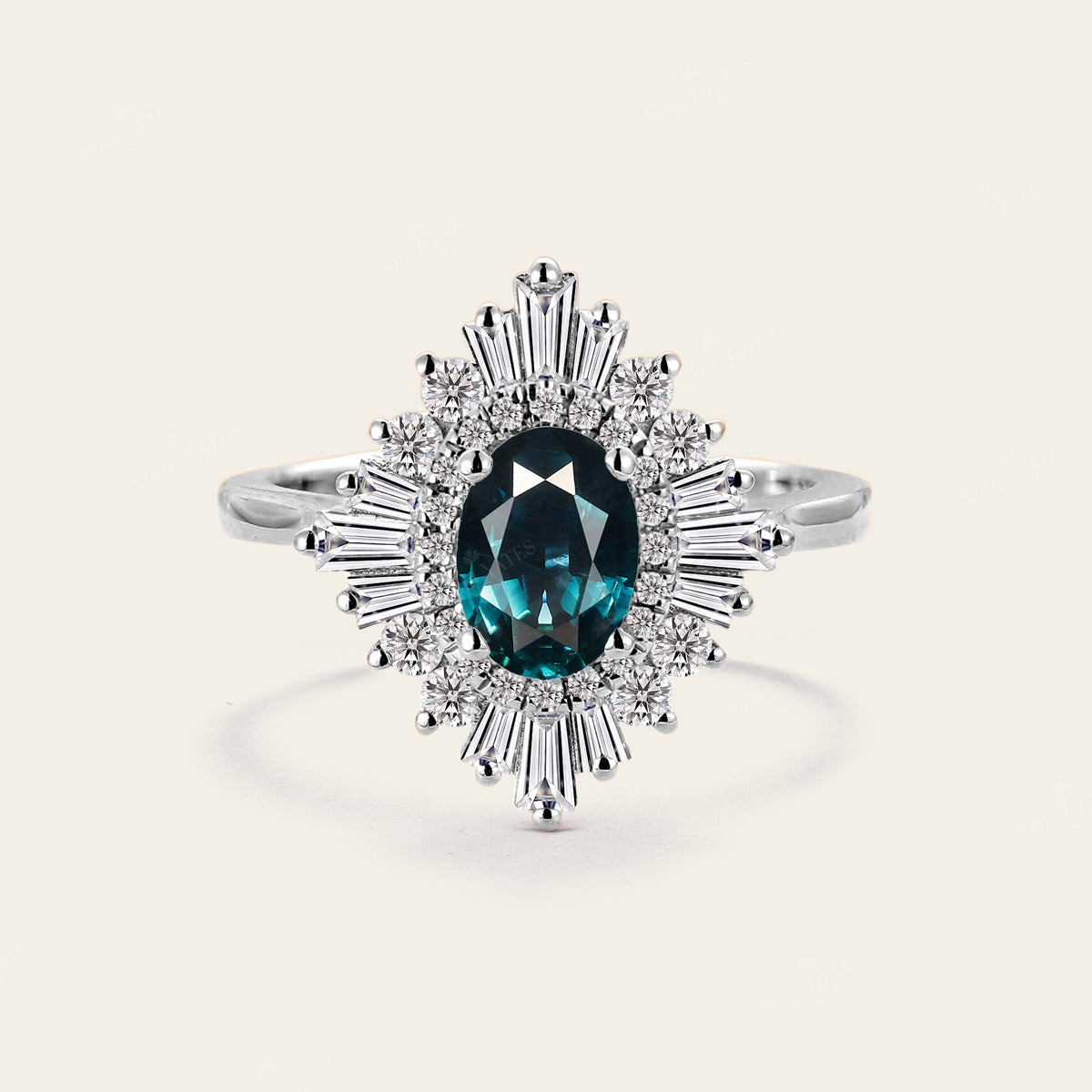 Oval Teal Sapphire Art Deco Engagement Ring Baguette Diamond Halo Ring