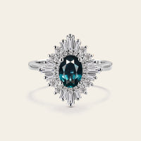 Oval Teal Sapphire Art Deco Engagement Ring Baguette Diamond Halo Ring