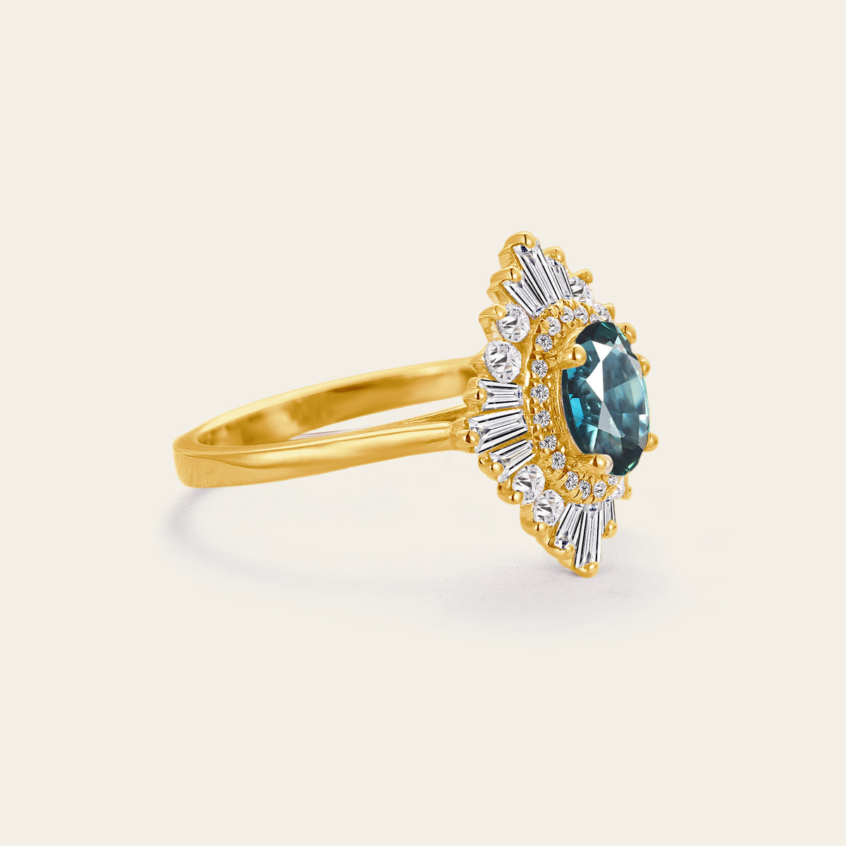 Oval Teal Sapphire Art Deco Engagement Ring Baguette Diamond Halo Ring