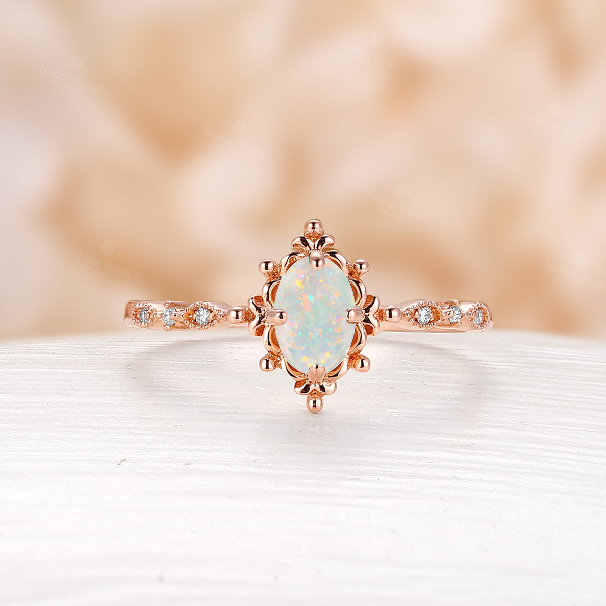 Vintage Oval White Opal Engagement Ring Milgrain Filigree Rose Gold