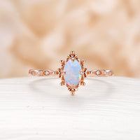 Vintage Oval White Opal Engagement Ring Milgrain Filigree Rose Gold