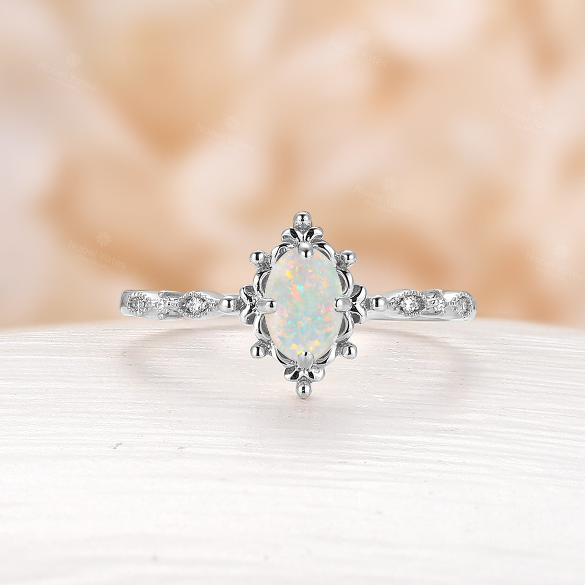 Vintage Oval White Opal Engagement Ring Milgrain Filigree Rose Gold