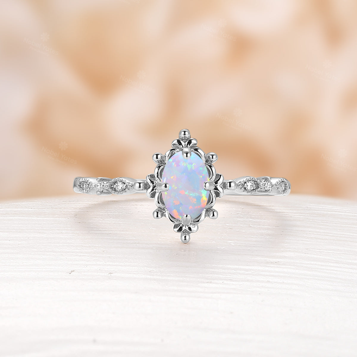 Vintage Oval White Opal Engagement Ring Milgrain Filigree Rose Gold